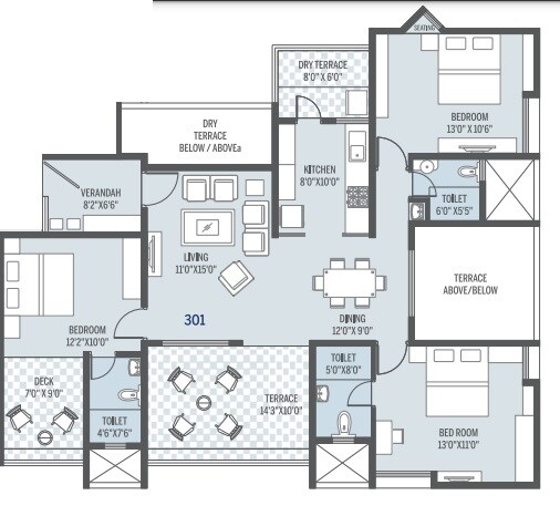 Floor plan of 3 BHK 770 Sq. Ft. Apartment in Pate Seya, Pune