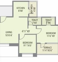 Floor plan of 2 BHK 810 Sq. Ft. Apartment in Pate Surajya, Pune