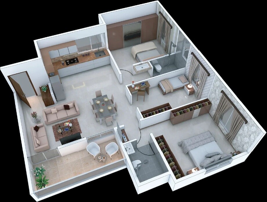 Floor plan of 2 BHK 929 Sq. Ft. Apartment in Pavonine Kshitij, Pune