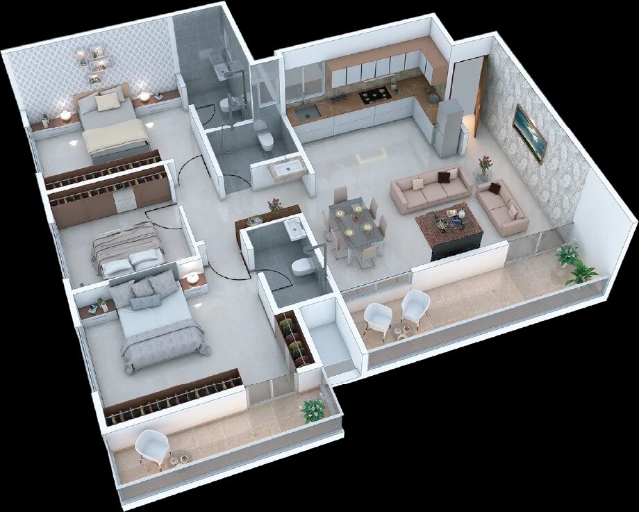 Floor plan of 3 BHK 1201 Sq. Ft. Apartment in Pavonine Kshitij, Pune