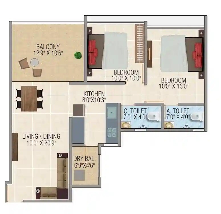 Floor plan of 2 BHK 685 Sq. Ft. Apartment in Pawana Vitthal Heights, Pune