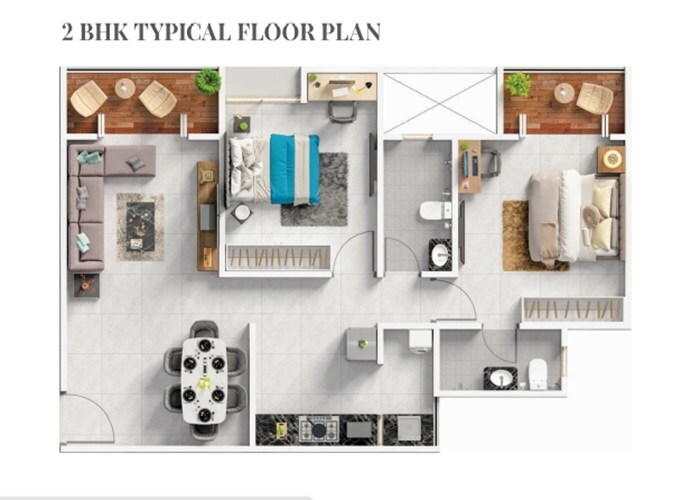 Floor plan of 2 BHK 866 Sq. Ft. Apartment in Pawar Riseonic, Pune