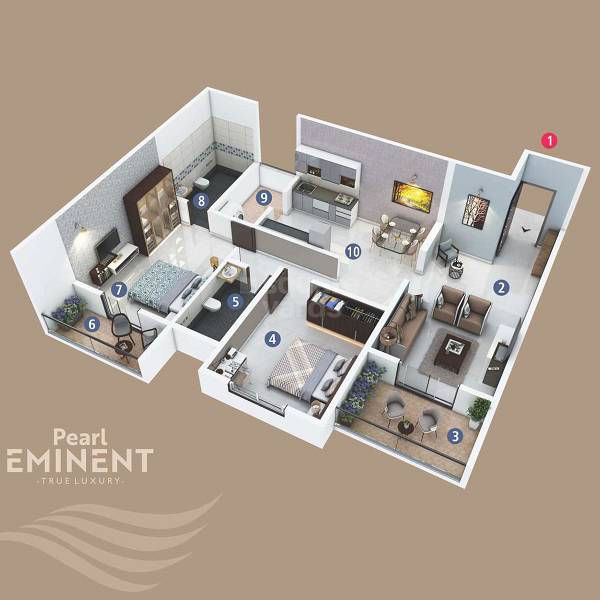 Floor plan of 2 BHK 884 Sq. Ft. Apartment in Pearl Eminent, Pune
