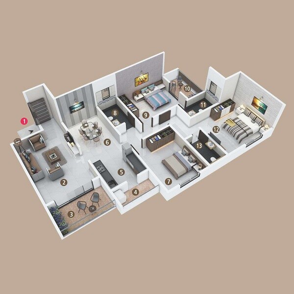 Floor plan of 3 BHK 1002 Sq. Ft. Apartment in Pearl Eminent, Pune