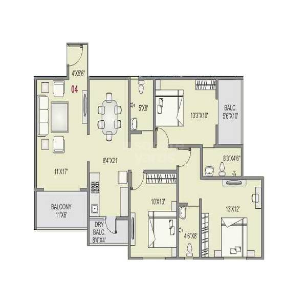 Floor plan of 3 BHK 1223 Sq. Ft. Apartment in Pearl Eminent, Pune