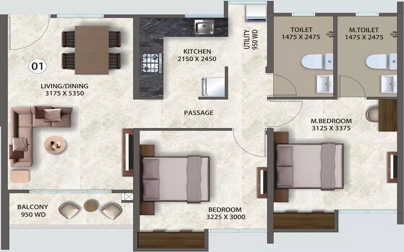 Floor plan of 2 BHK 617 Sq. Ft. Apartment in Pegasus Megapolis Saffron A3 To A9, Pune