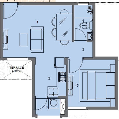 Floor plan of 1 BHK 395 Sq. Ft. Apartment in Peninsula Address One, Pune