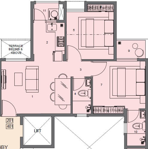 Floor plan of 2 BHK 580 Sq. Ft. Apartment in Peninsula Address One, Pune