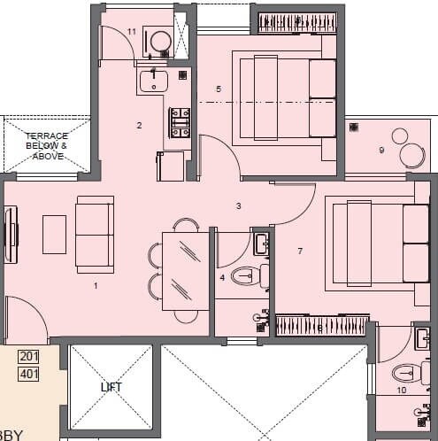 Floor plan of 2 BHK 580 Sq. Ft. Apartment in Peninsula Address One Phase 5, Pune
