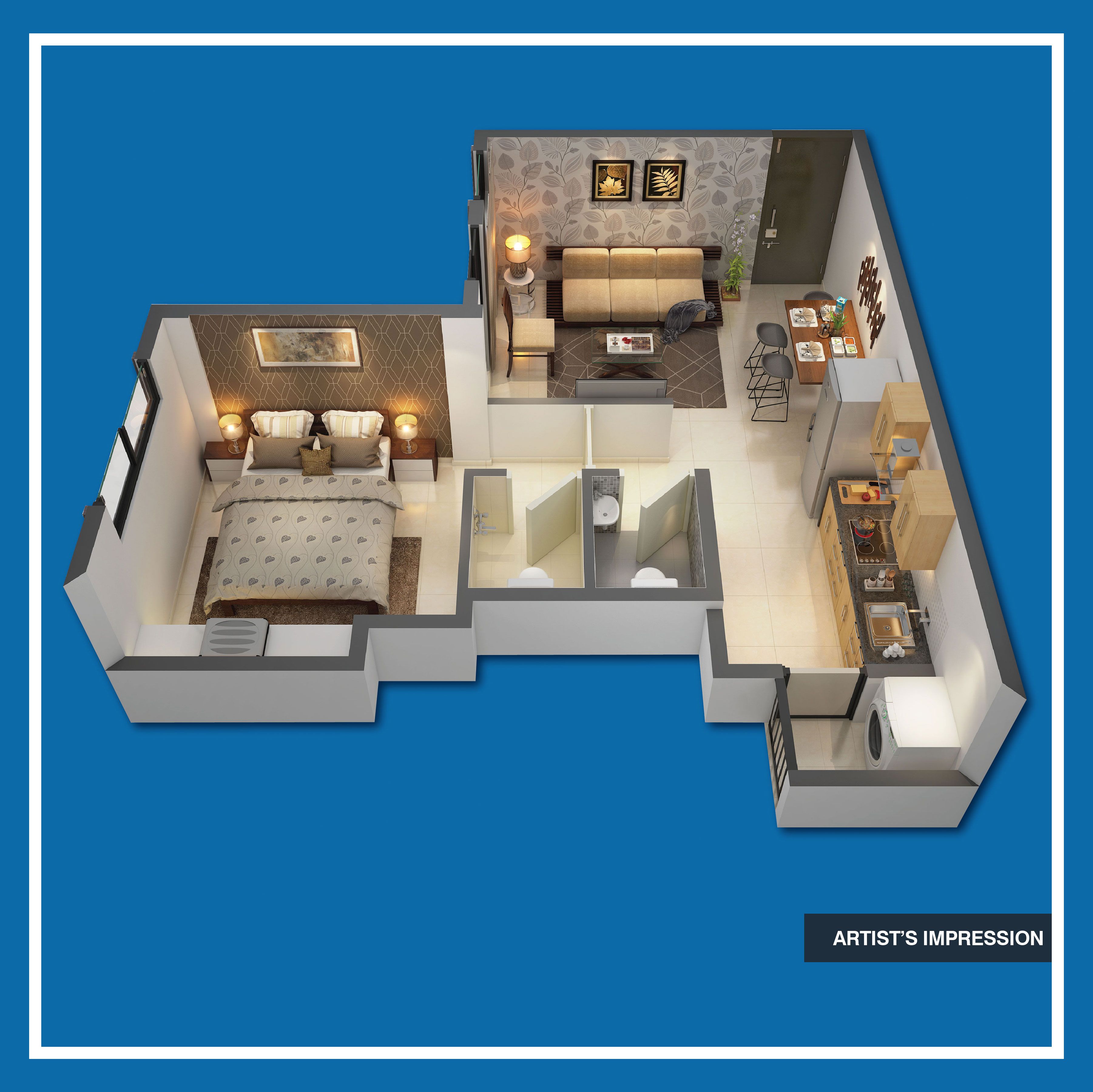Floor plan of 1 BHK 395 Sq. Ft. Apartment in Peninsula Address One Phase 6, Pune