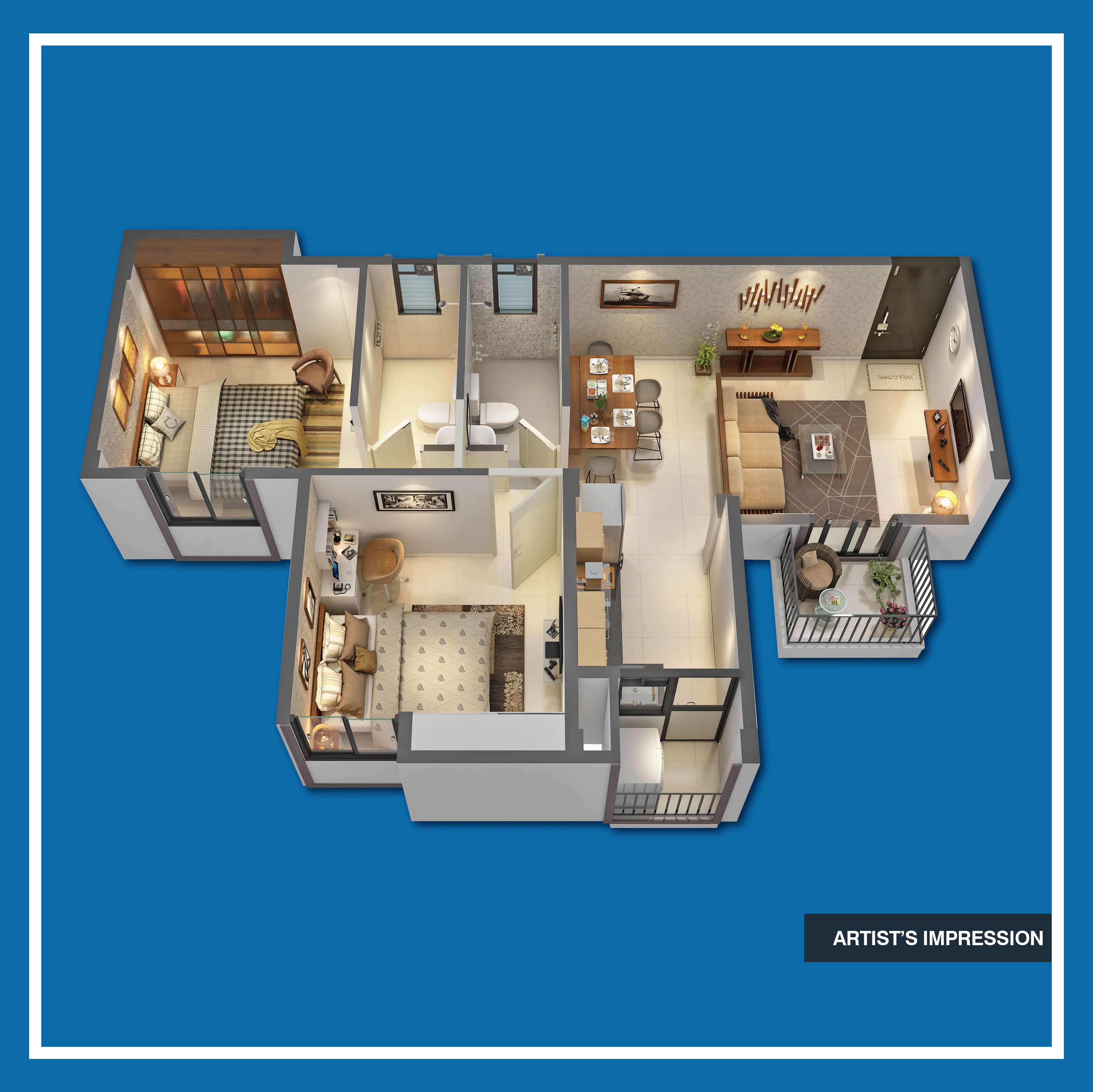 Floor plan of 2 BHK 586 Sq. Ft. Apartment in Peninsula Address One Phase 6, Pune