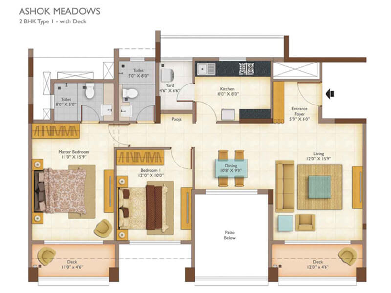 Floor plan of 2 BHK 1330 Sq. Ft. Apartment in Peninsula Ashok Meadows, Pune