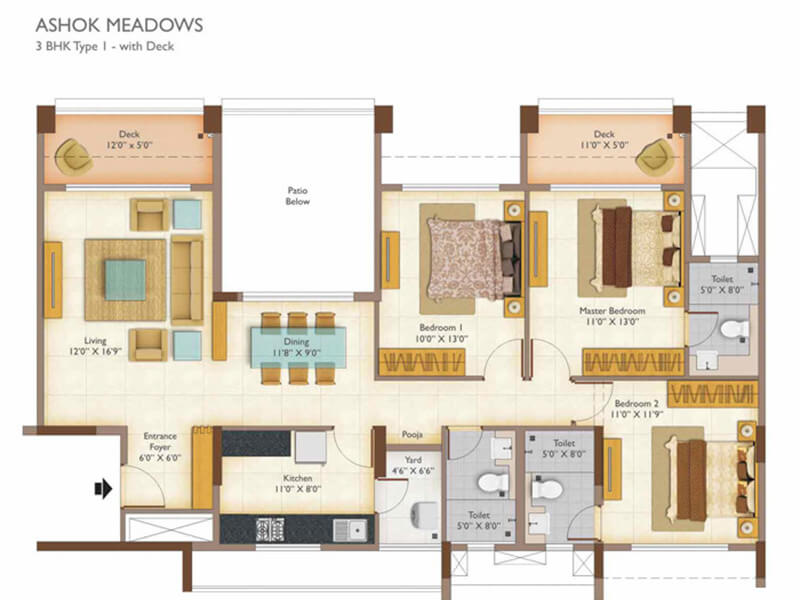 Floor plan of 3 BHK 1620 Sq. Ft. Apartment in Peninsula Ashok Meadows, Pune
