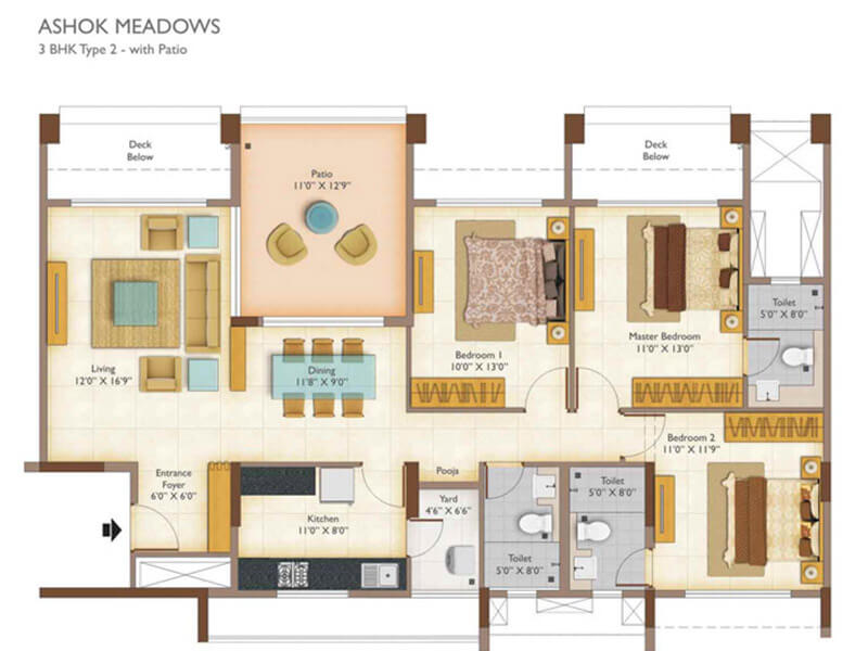 Floor plan of 3 BHK 1650 Sq. Ft. Apartment in Peninsula Ashok Meadows, Pune