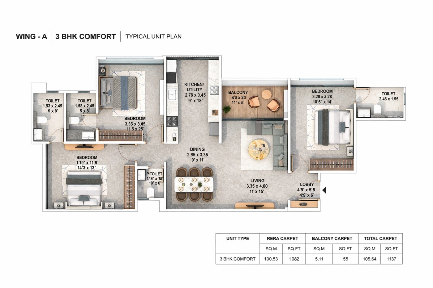 Floor plan of 2 BHK 1137 Sq. Ft. Apartment in Perficient Twilight, Pune