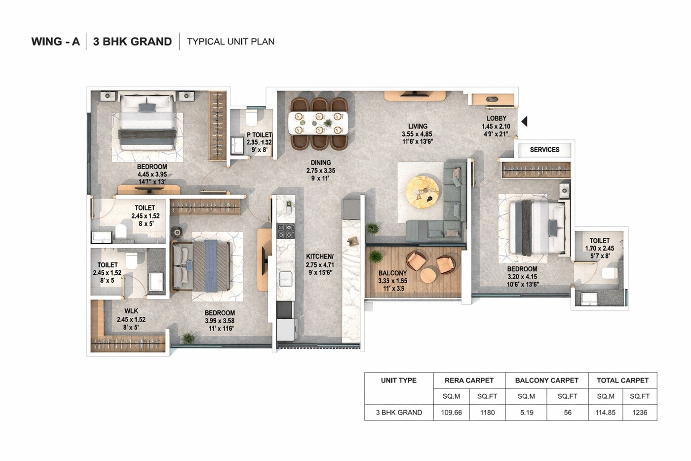 Floor plan of 3 BHK 1236 Sq. Ft. Apartment in Perficient Twilight, Pune