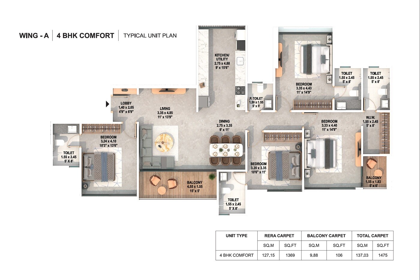 Floor plan of 3 BHK 1475 Sq. Ft. Apartment in Perficient Twilight, Pune