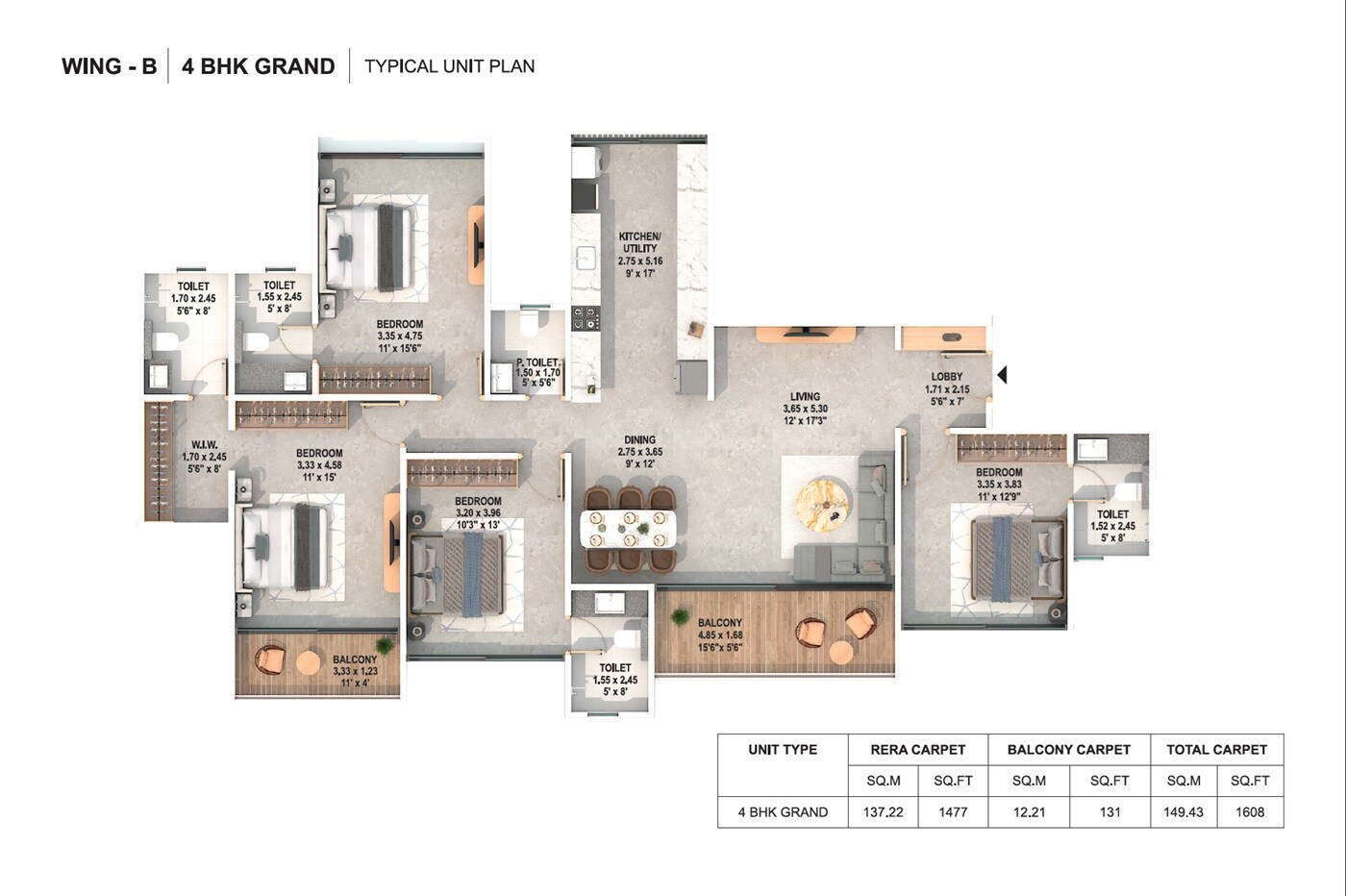 Floor plan of 4 BHK 1608 Sq. Ft. Apartment in Perficient Twilight, Pune
