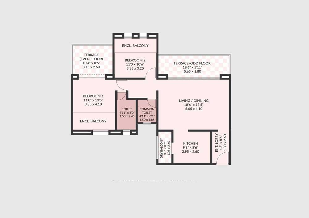 Floor plan of 2 BHK 708 Sq. Ft. Apartment in Pethkar Siyona, Pune