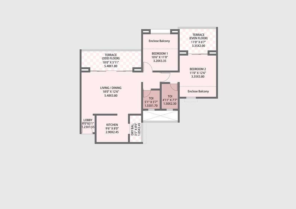Floor plan of 2 BHK 769 Sq. Ft. Apartment in Pethkar Siyona, Pune