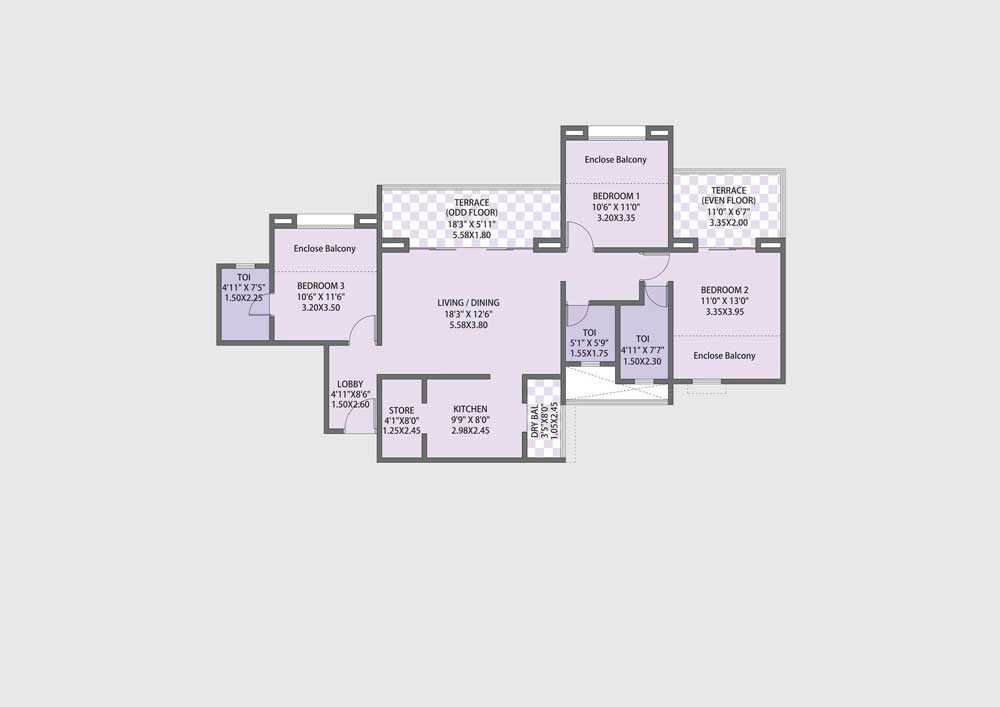 Floor plan of 3 BHK 1003 Sq. Ft. Apartment in Pethkar Siyona, Pune