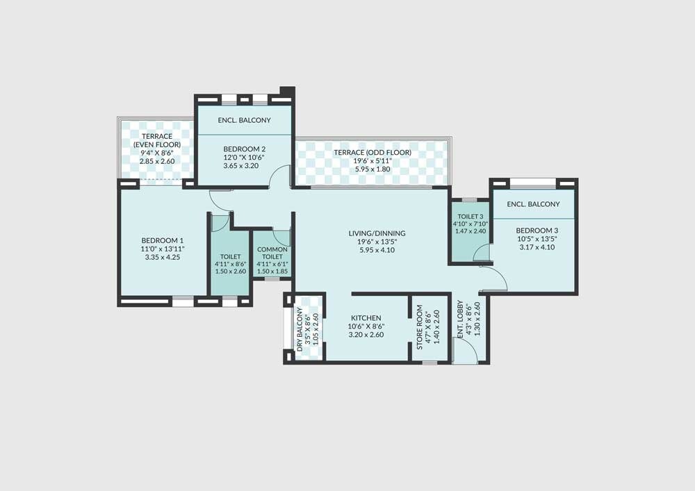Floor plan of 3 BHK 872 Sq. Ft. Apartment in Pethkar Siyona, Pune