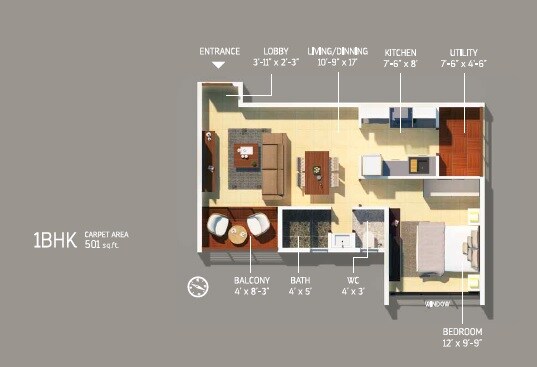 Floor plan of 1 BHK 501 Sq. Ft. Apartment in PGD Pinnacle, Pune