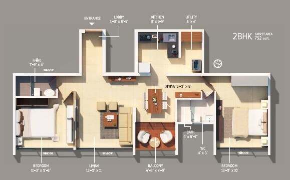 Floor plan of 2 BHK 752 Sq. Ft. Apartment in PGD Pinnacle, Pune