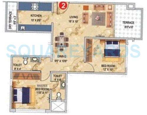 Floor plan of 2 BHK 1049 Sq. Ft. Apartment in Pharande Celestial City, Pune