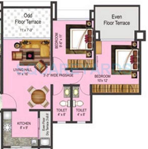 Floor plan of 2 BHK 895 Sq. Ft. Apartment in Pharande Celestial City, Pune