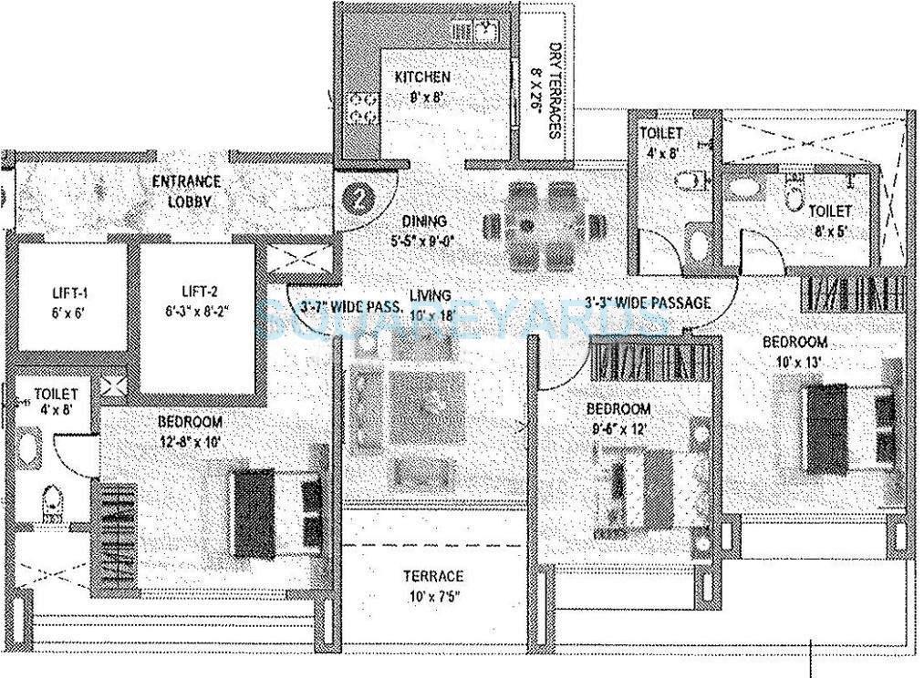 Floor plan of 3 BHK 1210 Sq. Ft. Apartment in Pharande Celestial City, Pune