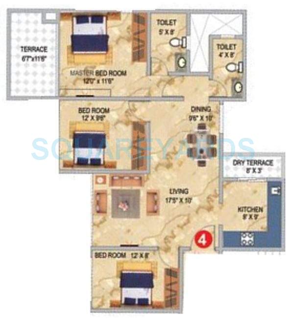 Floor plan of 3 BHK 1310 Sq. Ft. Apartment in Pharande Celestial City, Pune