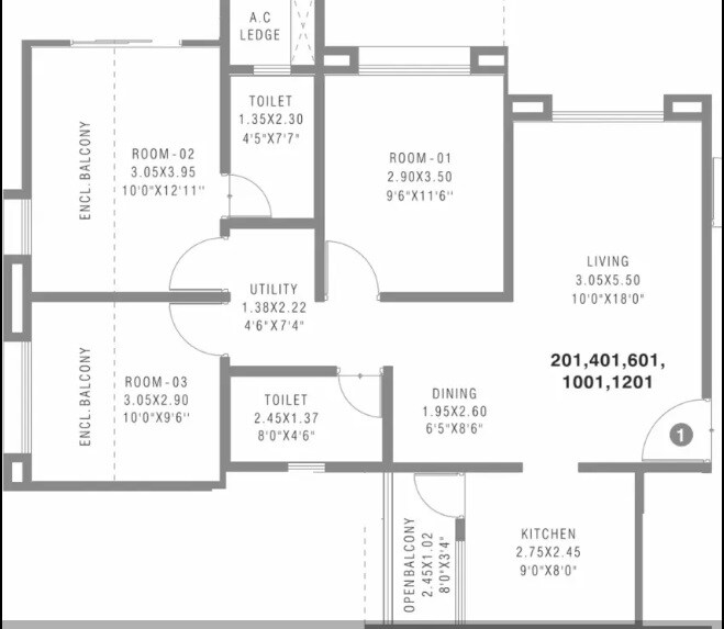 Floor plan of 3 BHK 713 Sq. Ft. Apartment in Pharande Felicity Cluster A, Pune