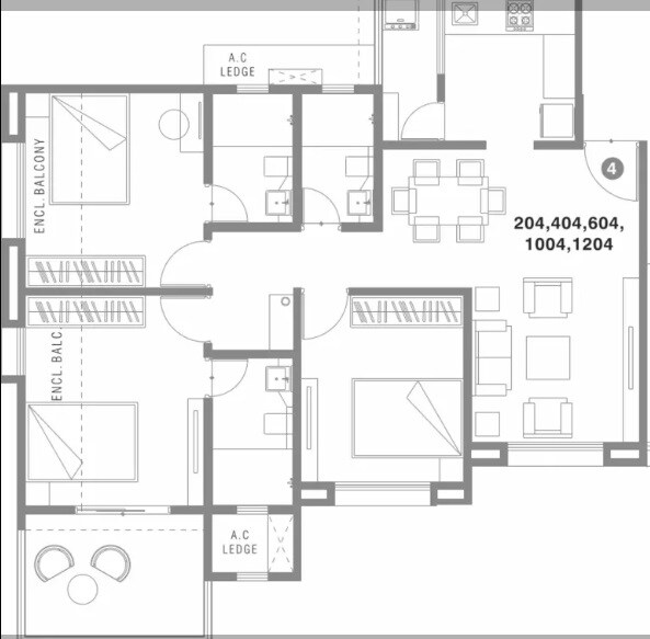 Floor plan of 3 BHK 849 Sq. Ft. Apartment in Pharande Felicity Cluster A, Pune