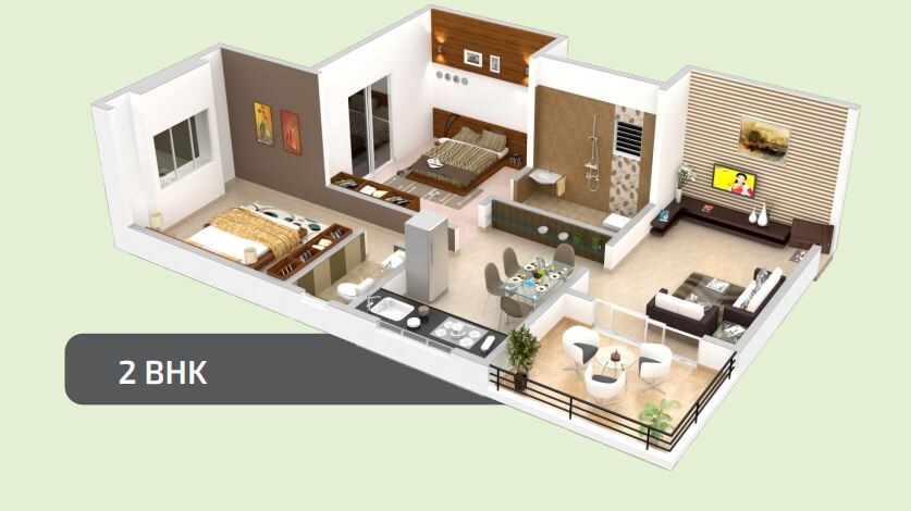 Floor plan of 2 BHK 583 Sq. Ft. Apartment in Pharande Kairosa, Pune