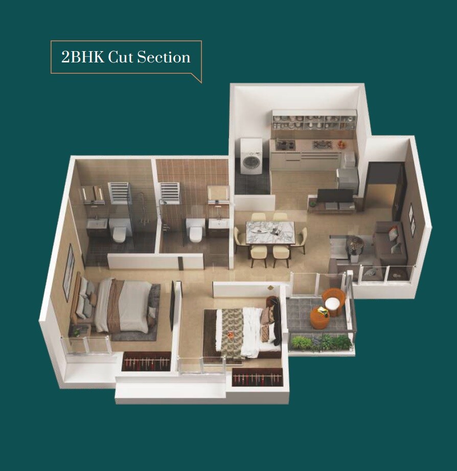Floor plan of 2 BHK 587 Sq. Ft. Apartment in Pharande Kairosa, Pune