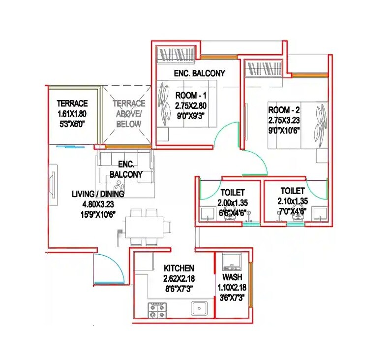 Floor plan of 2 BHK 591 Sq. Ft. Apartment in Pharande Kairosa, Pune