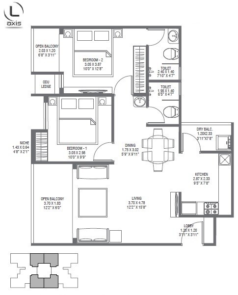 Floor plan of 2 BHK 581 Sq. Ft. Apartment in Pharande L Axis, Pune