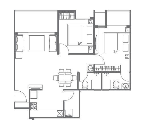 Floor plan of 2 BHK 631 Sq. Ft. Apartment in Pharande L Axis, Pune