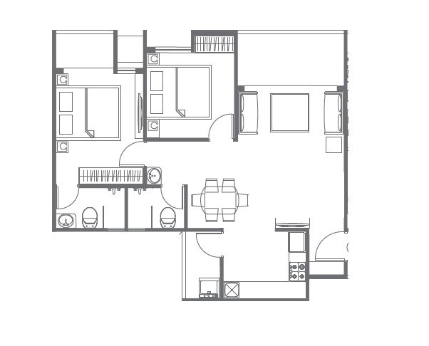 Floor plan of 3 BHK 681 Sq. Ft. Apartment in Pharande L Axis, Pune