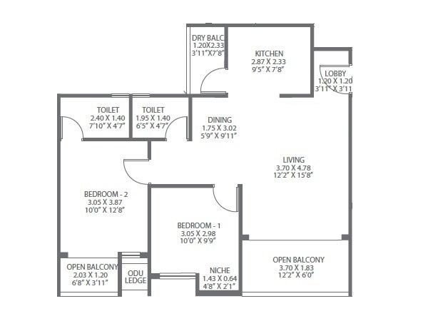 Floor plan of 3 BHK 819 Sq. Ft. Apartment in Pharande L Axis, Pune