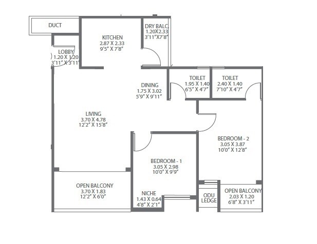 Floor plan of 2 BHK 835 Sq. Ft. Apartment in Pharande L Axis, Pune