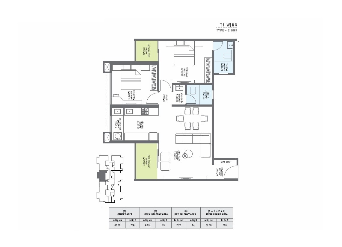 Floor plan of 2 BHK Apartment - 835 sq. ft. in Pharande L Axis, Pune