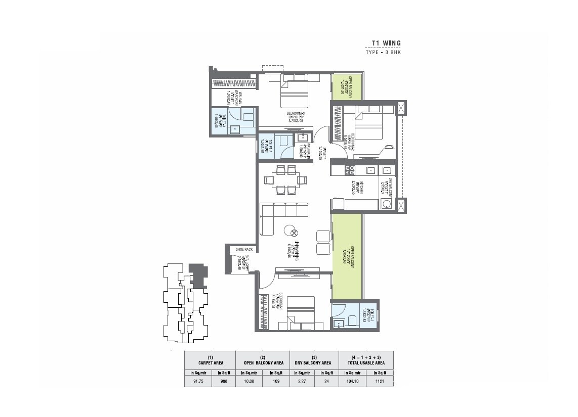 Floor plan of 3 BHK Apartment - 1121 sq. ft. in Pharande L Axis, Pune