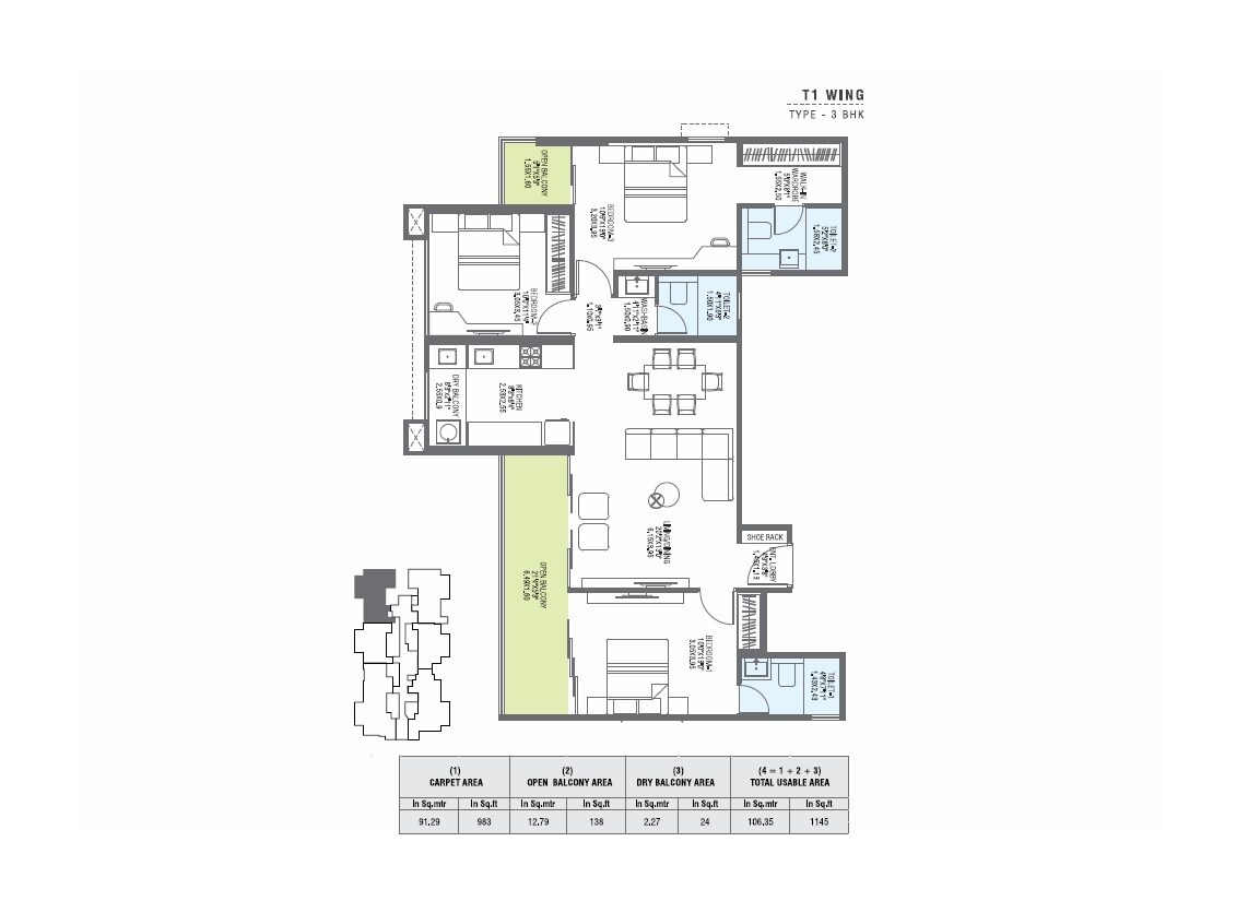 Floor plan of 3 BHK Apartment - 1145 sq. ft. in Pharande L Axis, Pune