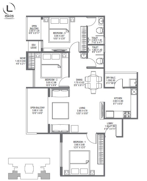 Floor plan of 3 BHK 1121 Sq. Ft. Apartment in Pharande L Axis, Pune