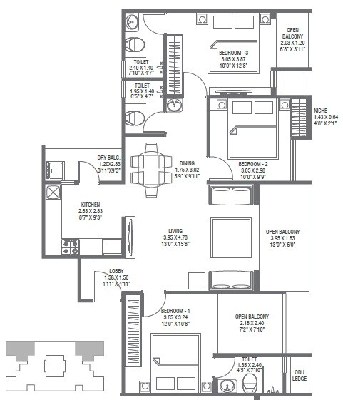 Floor plan of 3 BHK 1145 Sq. Ft. Apartment in Pharande L Axis, Pune