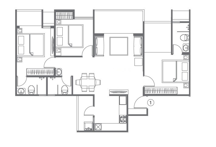 Floor plan of 3 BHK 1224 Sq. Ft. Apartment in Pharande L Axis, Pune