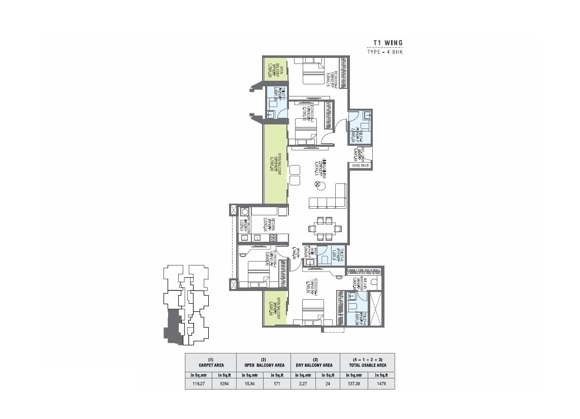 Floor plan of 4 BHK Apartment - 1476 sq. ft. in Pharande L Axis, Pune