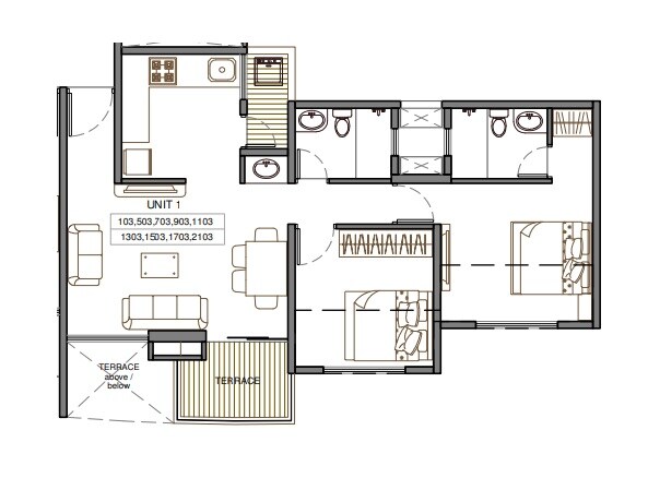 Floor plan of 2 BHK 664 Sq. Ft. Apartment in Pharande Puneville Phase 3, Pune
